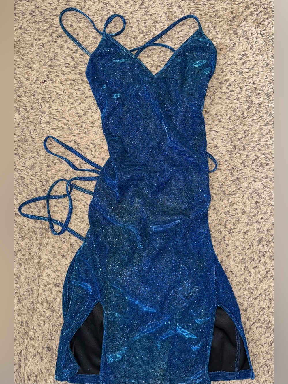 blue glittery mini bodycon dress